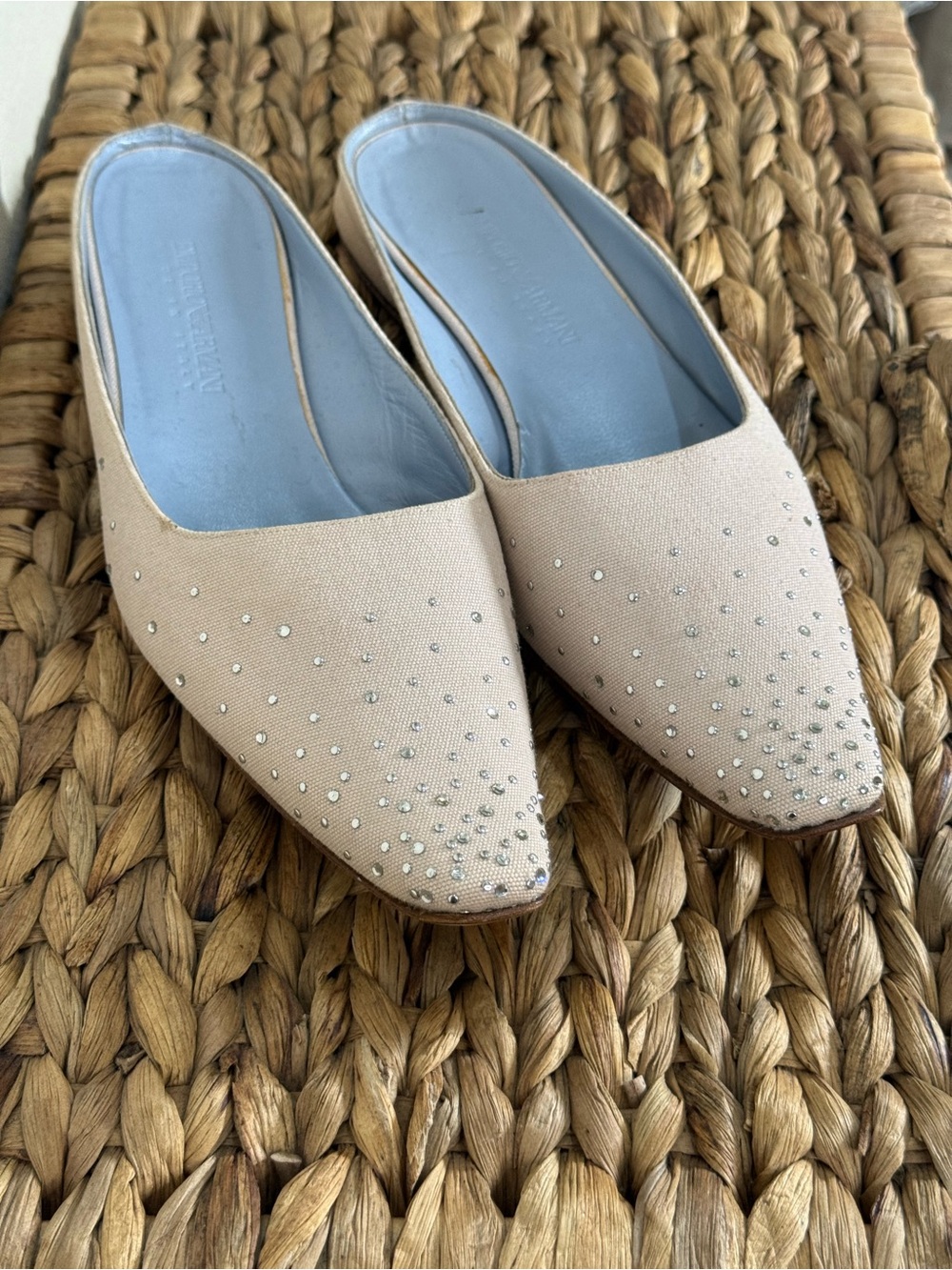 Giorgio Armani Women’s Beige Canvas Rhinestone Slip-On Mule Flats Square Toe 40